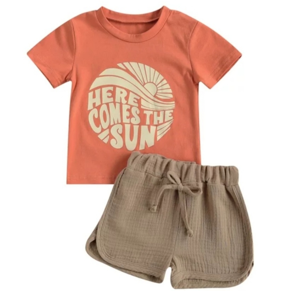 Toddler Summer Graphic Tee & Muslin Shorts Set Gender Neutral Cotton Outfit 2T